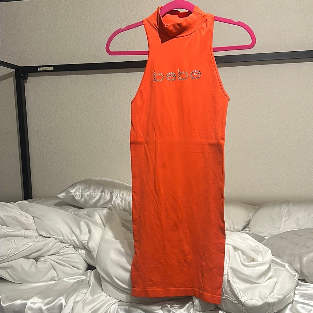 Vintage Bebe Orange High-Neck Dress with Rhinestone Detail